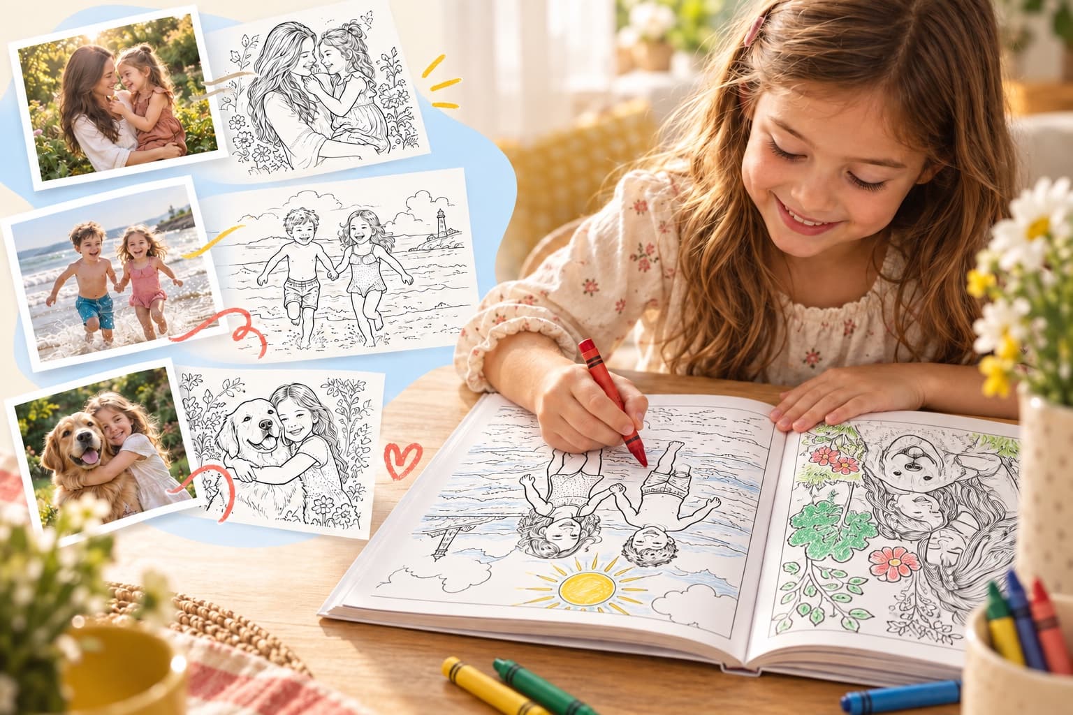 Three family photos becoming coloring illustrations in a printed book as a child colors a page