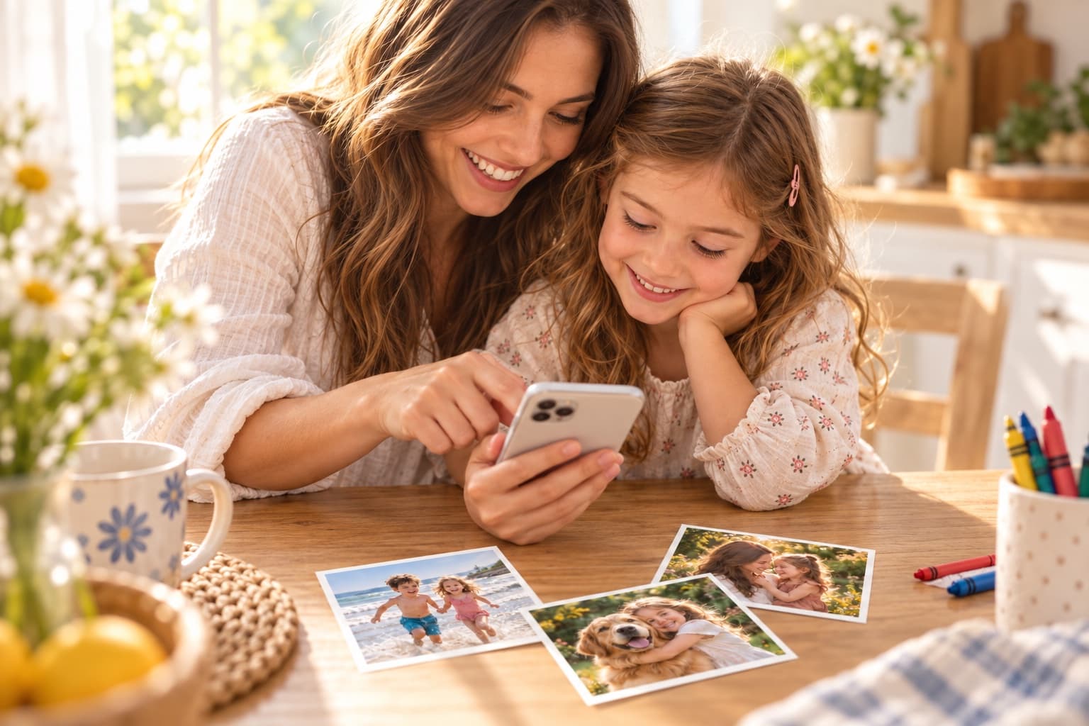 A parent and child choosing favorite family photos together