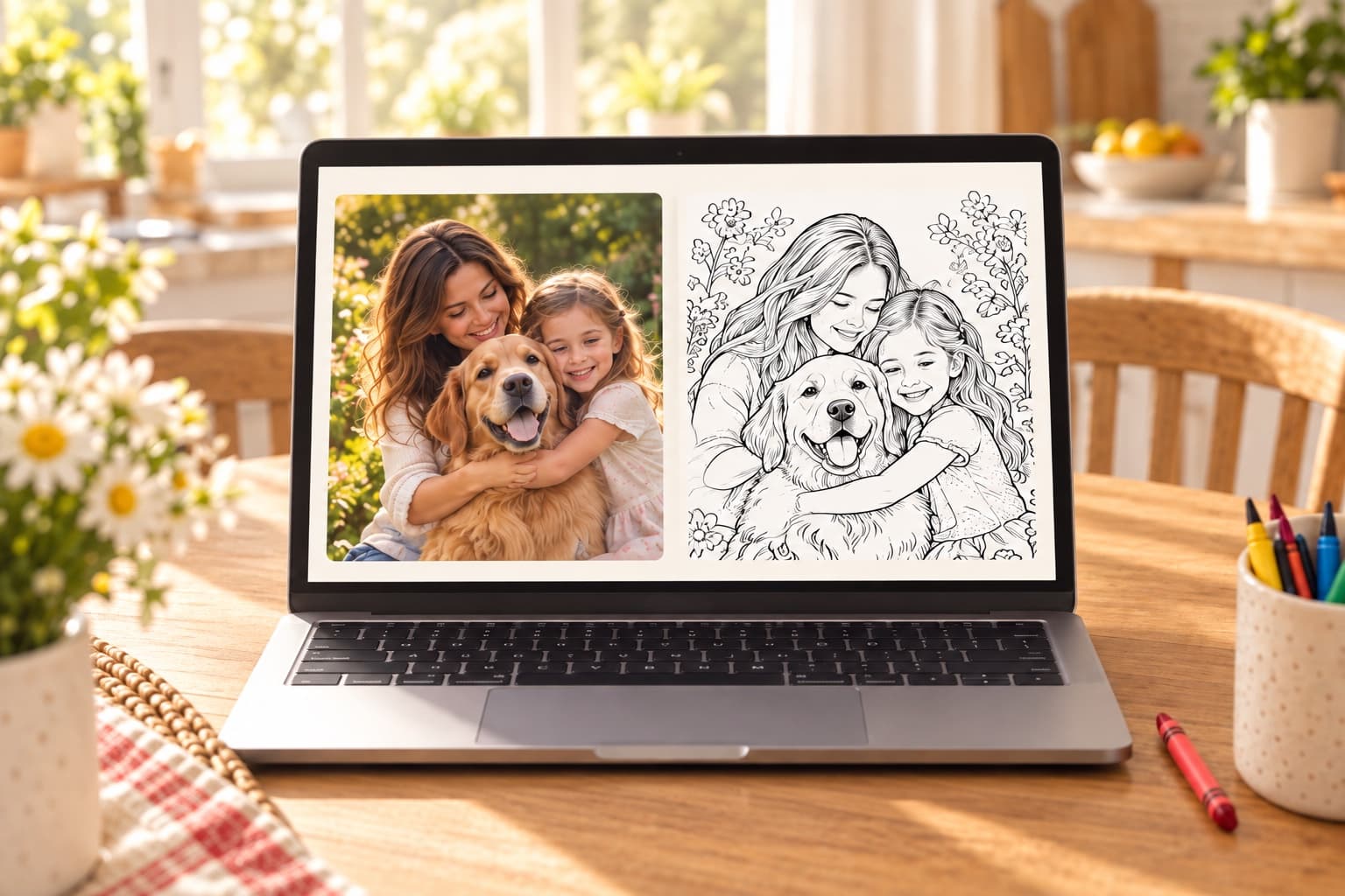 A laptop comparing a family photo with its coloring-page illustration